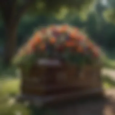 Nature and Remembrance: A Floral Tribute A serene outdoor setting with a coffin surrounded by flowers, highlighting nature's role in remembrance.