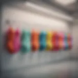 A vibrant collection of colorful bathing suits displayed on hangers