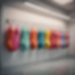A vibrant collection of colorful bathing suits displayed on hangers