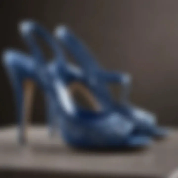 Close-up of blue slingback heels showcasing intricate details