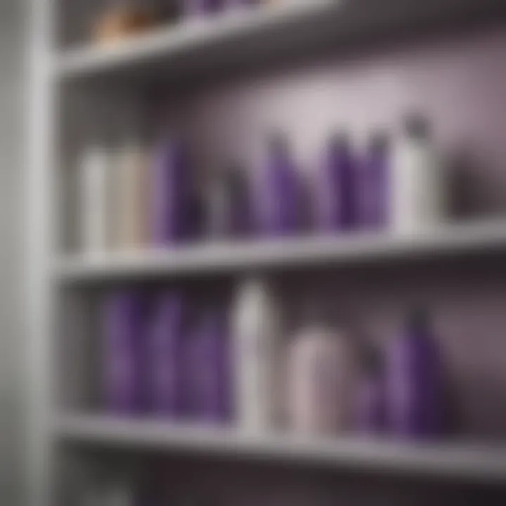 A stylish bathroom shelf displaying hair care products including toner and purple shampoo.