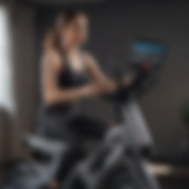 A user-friendly interface of a stationary bike with a screen showing workout statistics.