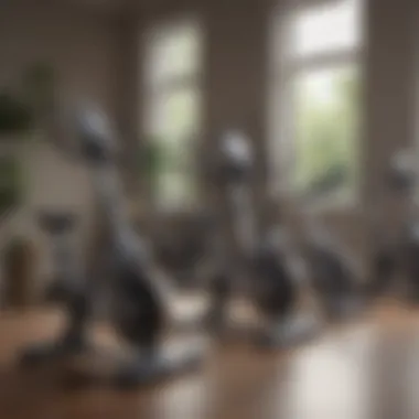 An array of stationary exercise bikes lined up, displaying various models and features.