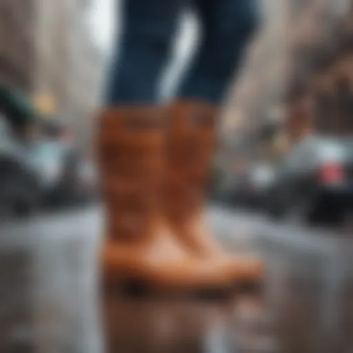 Stylish UGG see-through rain boots on a vibrant city street