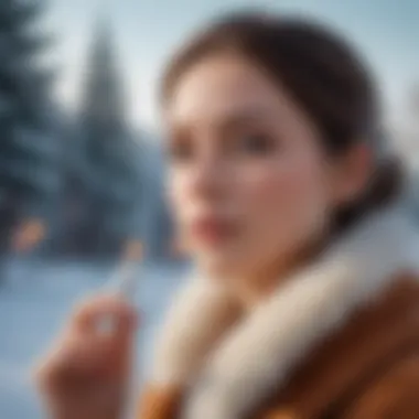 A person applying chapstick with a serene winter landscape in the background