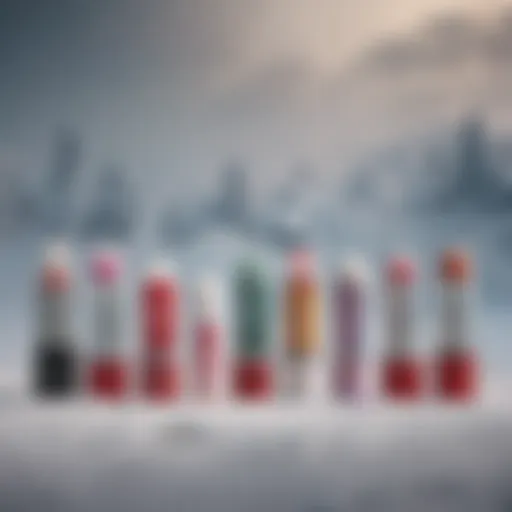 A selection of various chapstick tubes arranged elegantly on a snowy background