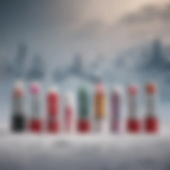 A selection of various chapstick tubes arranged elegantly on a snowy background