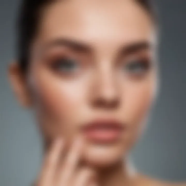 A model demonstrating the application technique of under eye foundation using a makeup sponge.