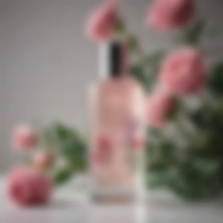 An elegant bottle of toner with a fresh floral background