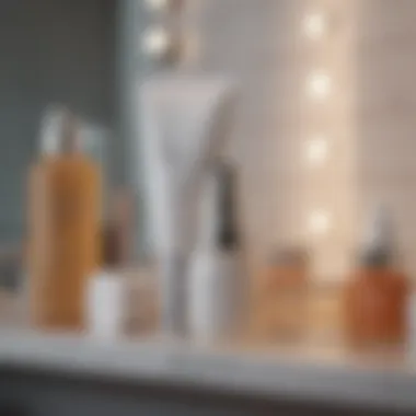 Skincare products on a bathroom shelf for acne treatment