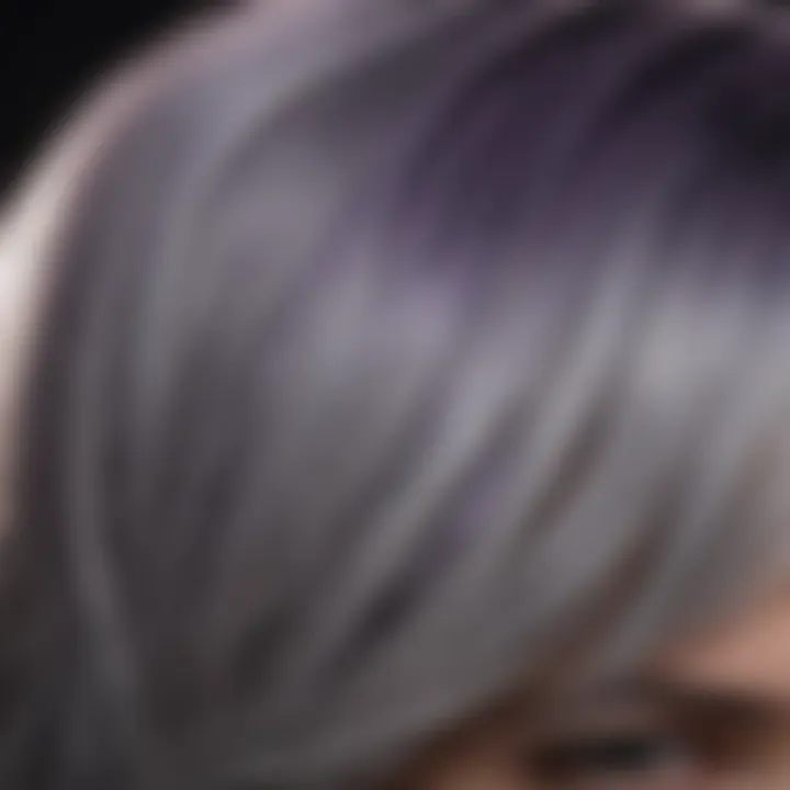 A close-up of gray hair showcasing its shine after using purple conditioner.