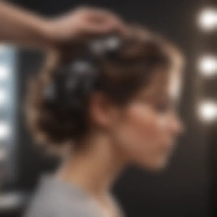 User applying volume rollers in hair