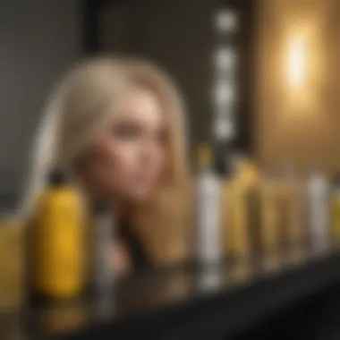 Various hair toners displayed on a stylish vanity