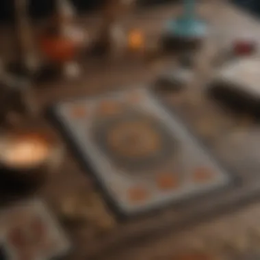 A tarot card spread laid out on a table, showcasing the intricate designs and symbols.